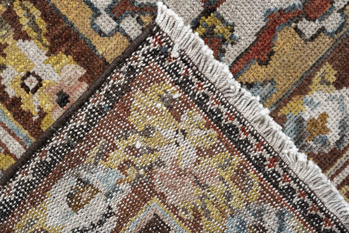 13' x 19' one-of-a-kind handmade antique Baktiary oversize rug. Color palette: charcoal, teal, rust, pale blue, ivory, gold