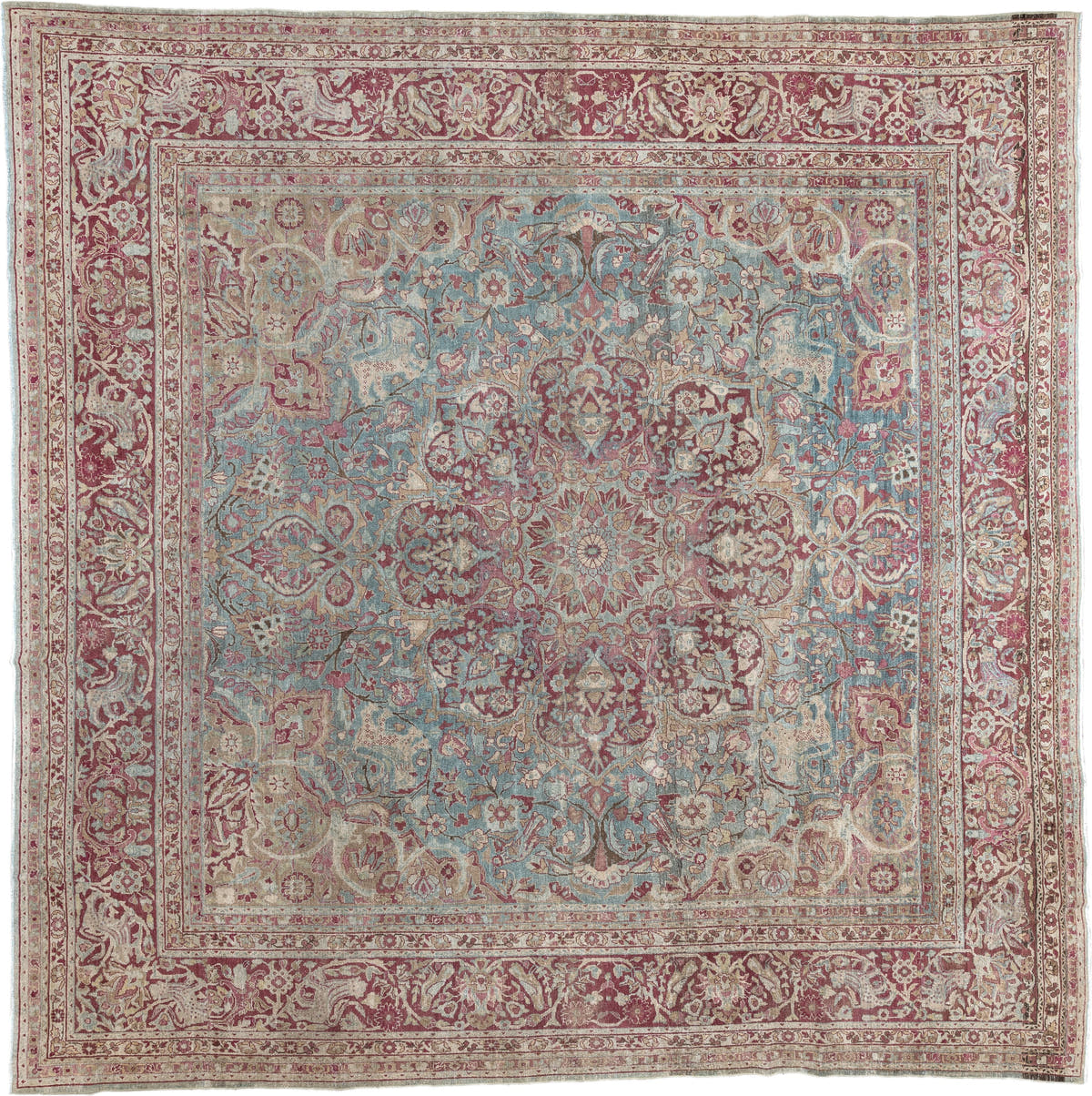 12' x 12' one-of-a-kind handmade antique Meshed oversize rug. Color palette: powder blue, dusty rose, burgundy, ivory, sage