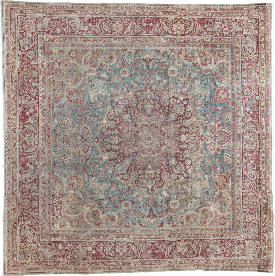 12' x 12' one-of-a-kind handmade antique Meshed oversize rug. Color palette: powder blue, dusty rose, burgundy, ivory, sage