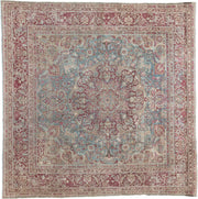 12' x 12' one-of-a-kind handmade antique Meshed oversize rug. Color palette: powder blue, dusty rose, burgundy, ivory, sage