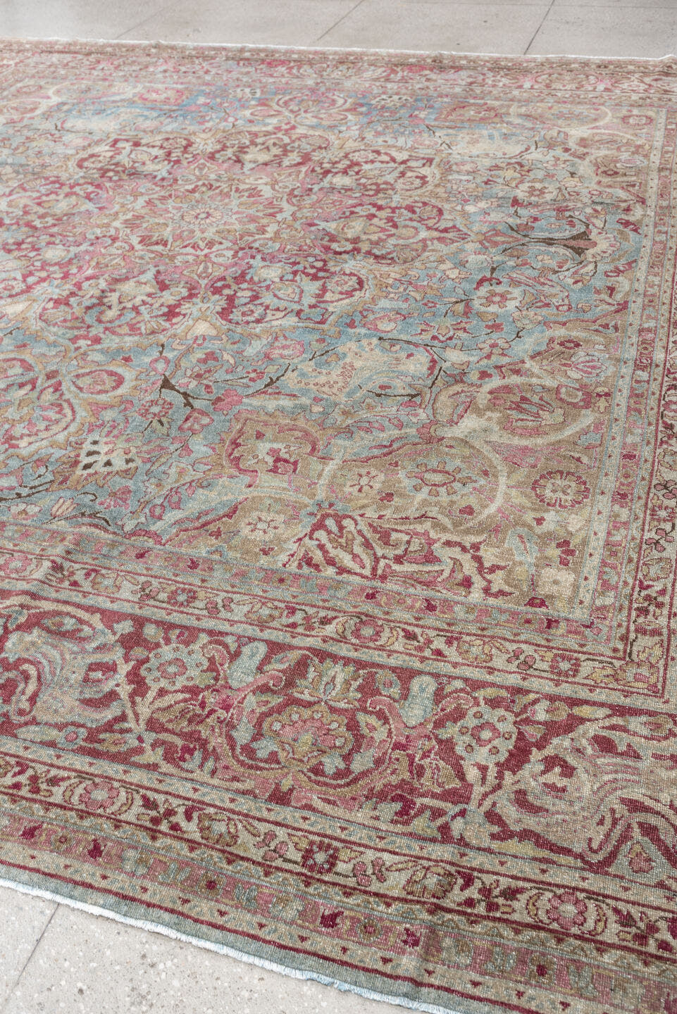 12' x 12' one-of-a-kind handmade antique Meshed oversize rug. Color palette: powder blue, dusty rose, burgundy, ivory, sage