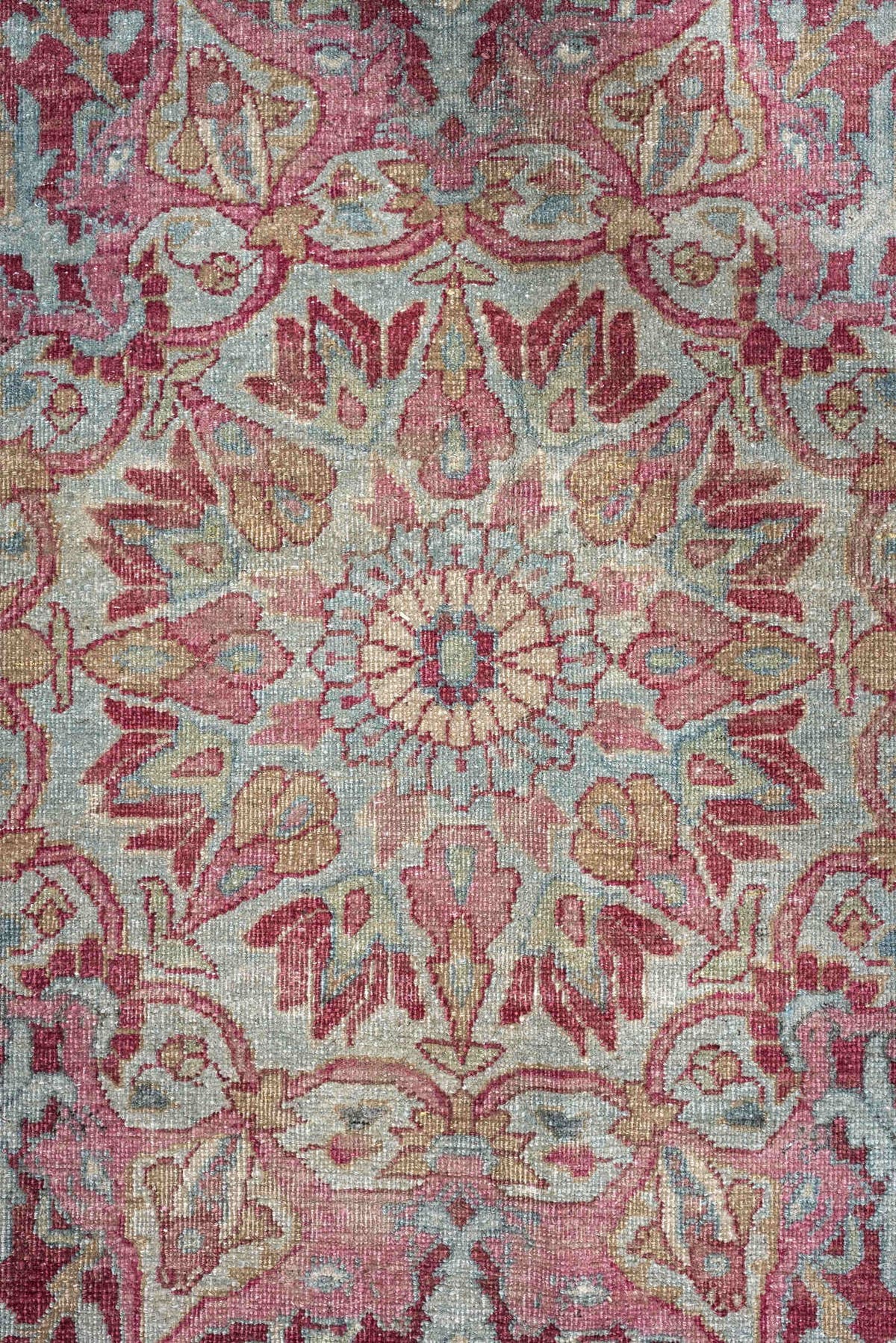 12' x 12' one-of-a-kind handmade antique Meshed oversize rug. Color palette: powder blue, dusty rose, burgundy, ivory, sage
