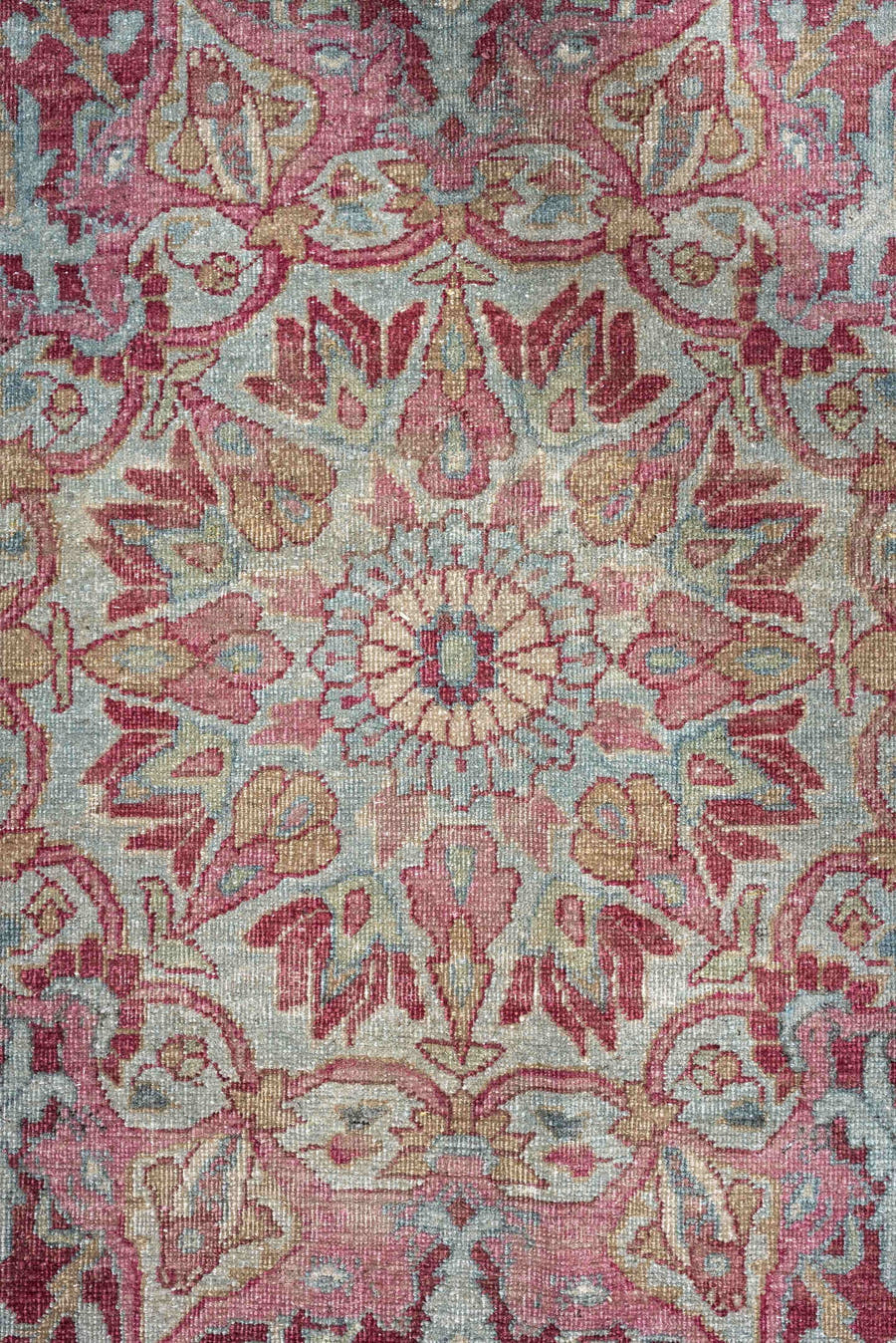 12' x 12' one-of-a-kind handmade antique Meshed oversize rug. Color palette: powder blue, dusty rose, burgundy, ivory, sage