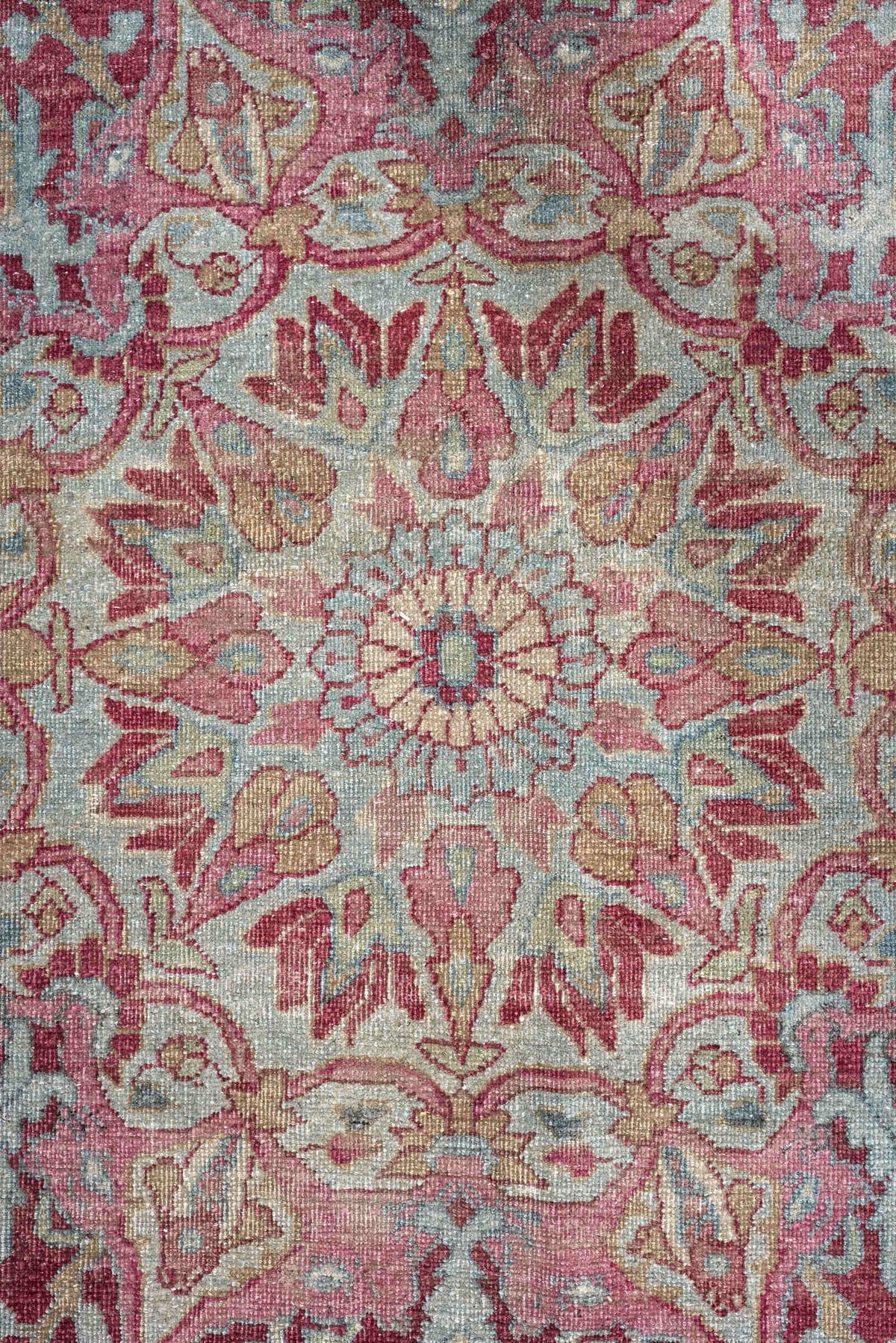 12' x 12' one-of-a-kind handmade antique Meshed oversize rug. Color palette: powder blue, dusty rose, burgundy, ivory, sage