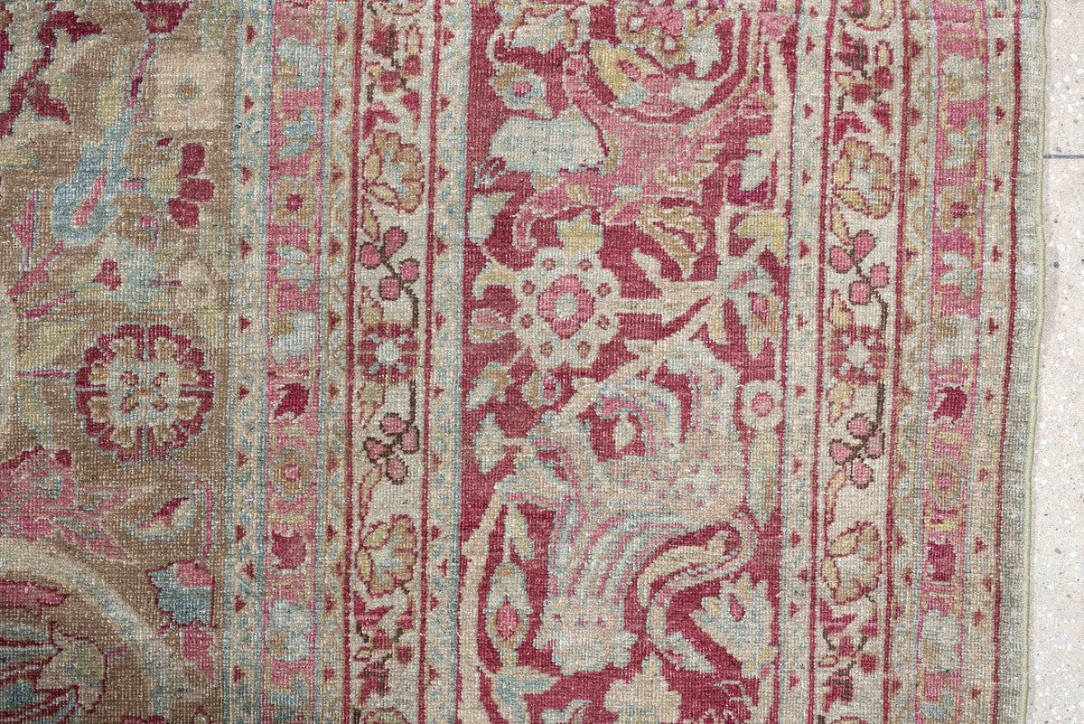 12' x 12' one-of-a-kind handmade antique Meshed oversize rug. Color palette: powder blue, dusty rose, burgundy, ivory, sage