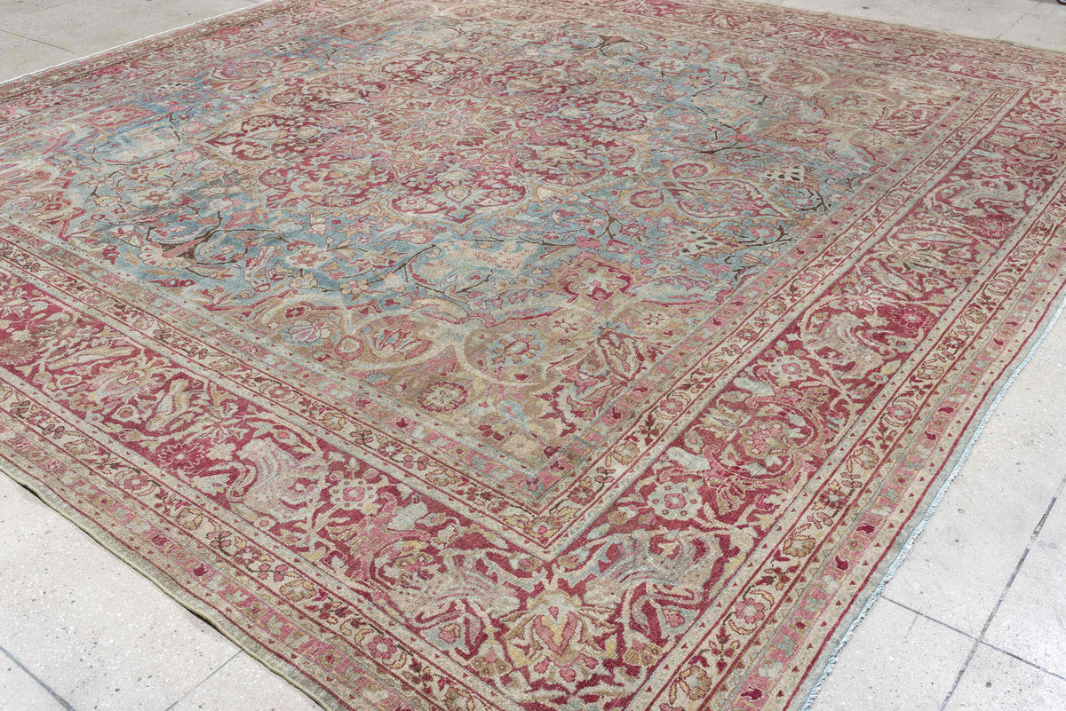 12' x 12' one-of-a-kind handmade antique Meshed oversize rug. Color palette: powder blue, dusty rose, burgundy, ivory, sage