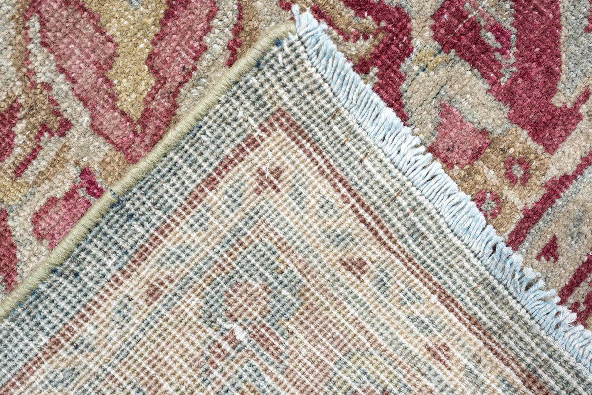 12' x 12' one-of-a-kind handmade antique Meshed oversize rug. Color palette: powder blue, dusty rose, burgundy, ivory, sage
