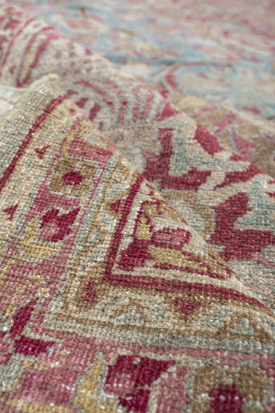 12' x 12' one-of-a-kind handmade antique Meshed oversize rug. Color palette: powder blue, dusty rose, burgundy, ivory, sage