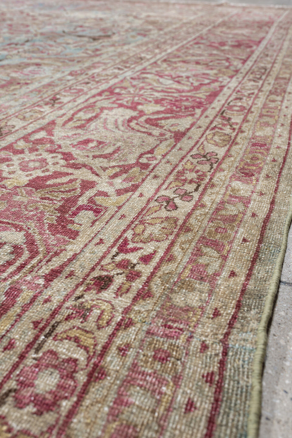 12' x 12' one-of-a-kind handmade antique Meshed oversize rug. Color palette: powder blue, dusty rose, burgundy, ivory, sage