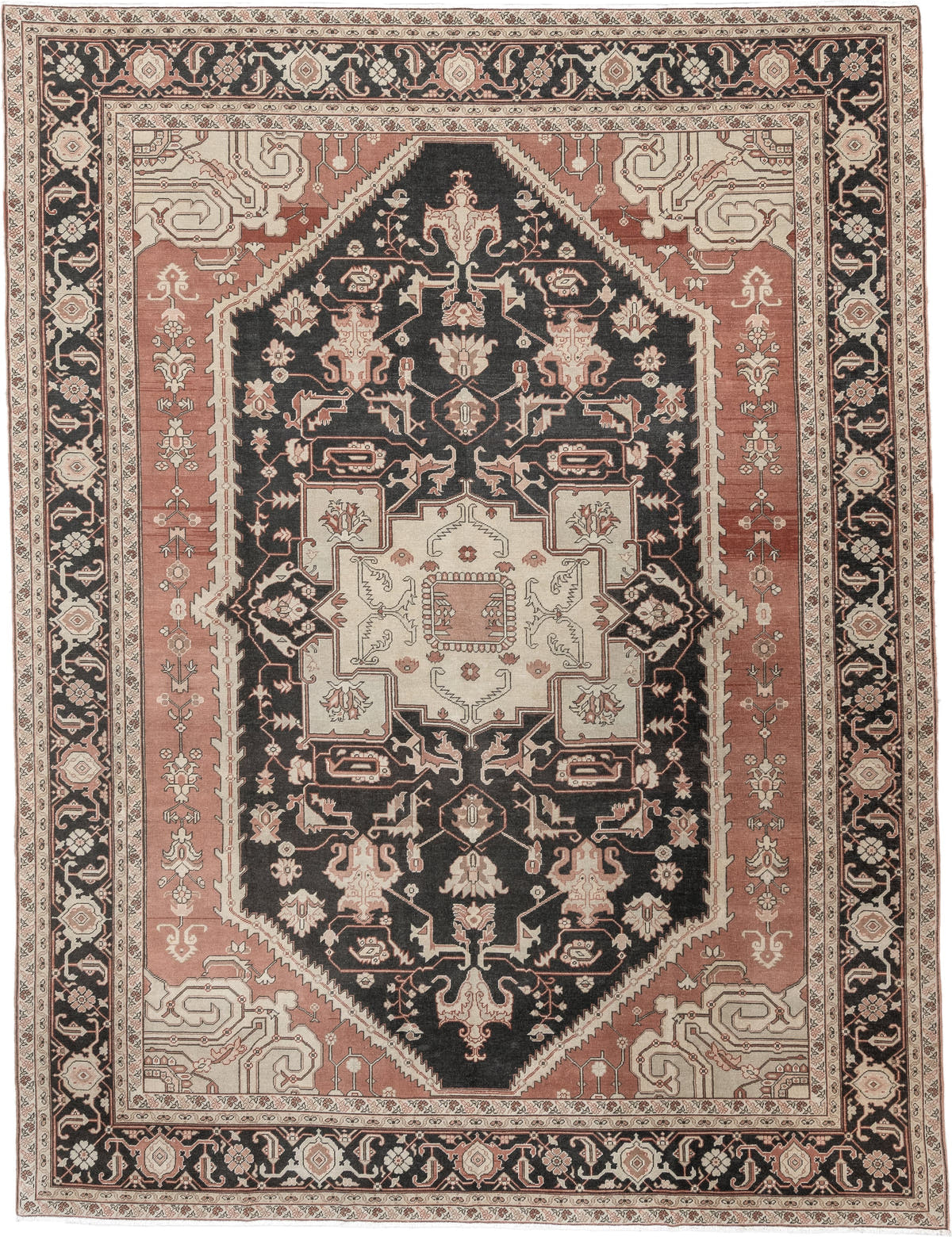 9' x 11' one-of-a-kind handmade antique Sivas large size rug. Color palette: charcoal, ivory, terracotta, blush, taupe