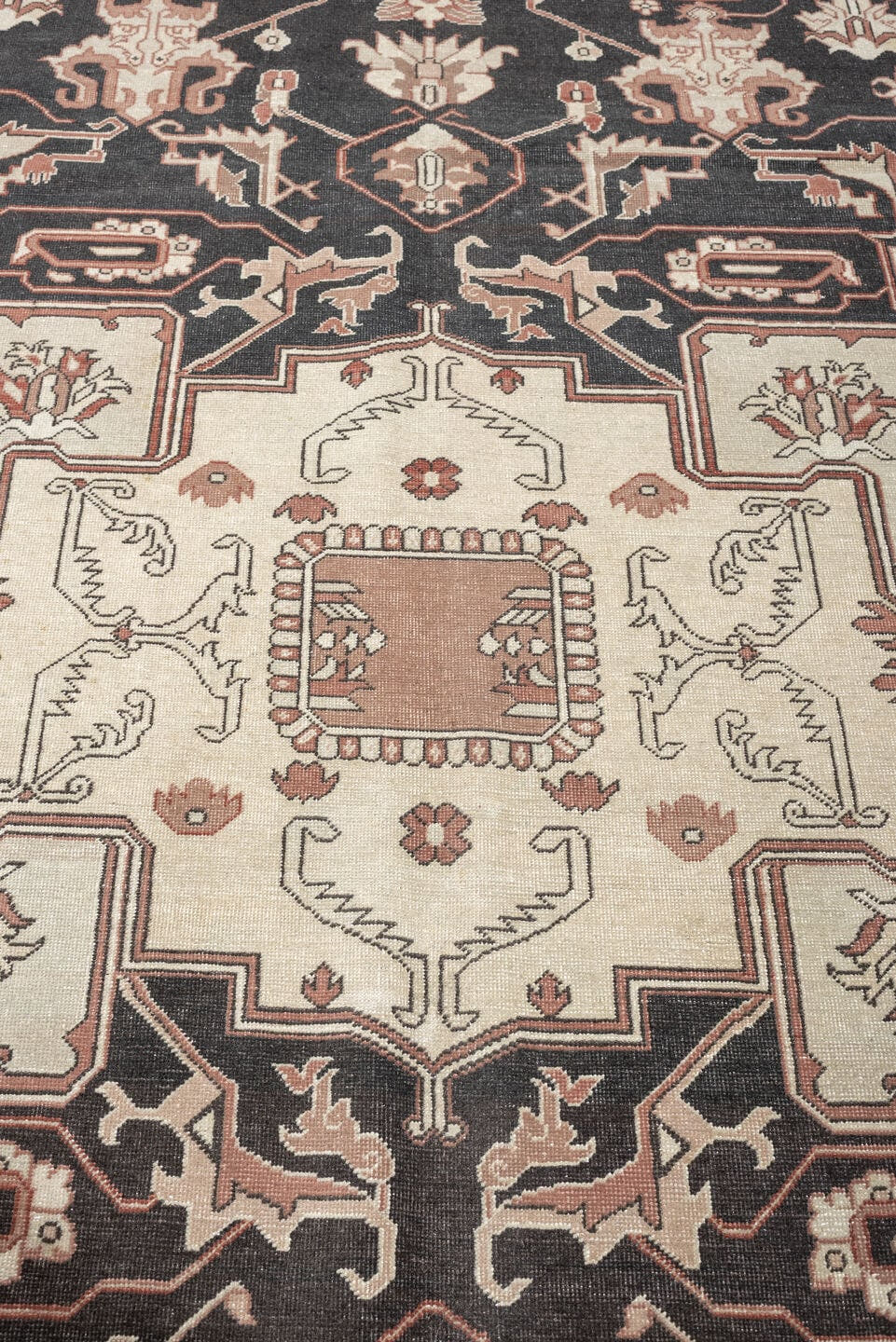 9' x 11' one-of-a-kind handmade antique Sivas large size rug. Color palette: charcoal, ivory, terracotta, blush, taupe