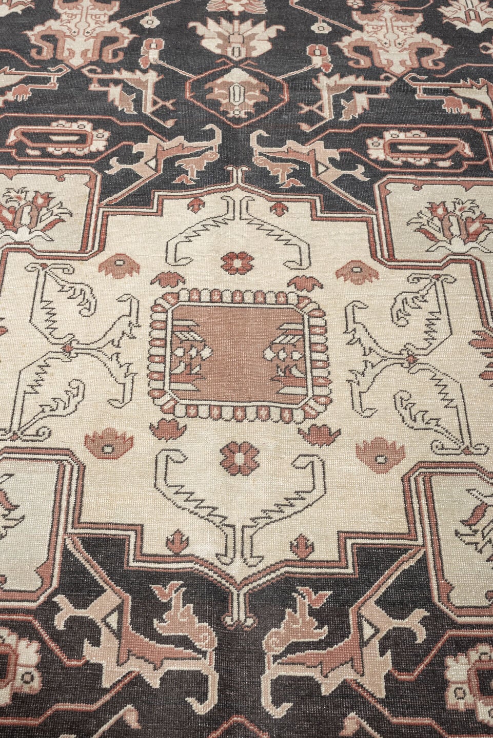 9' x 11' one-of-a-kind handmade antique Sivas large size rug. Color palette: charcoal, ivory, terracotta, blush, taupe