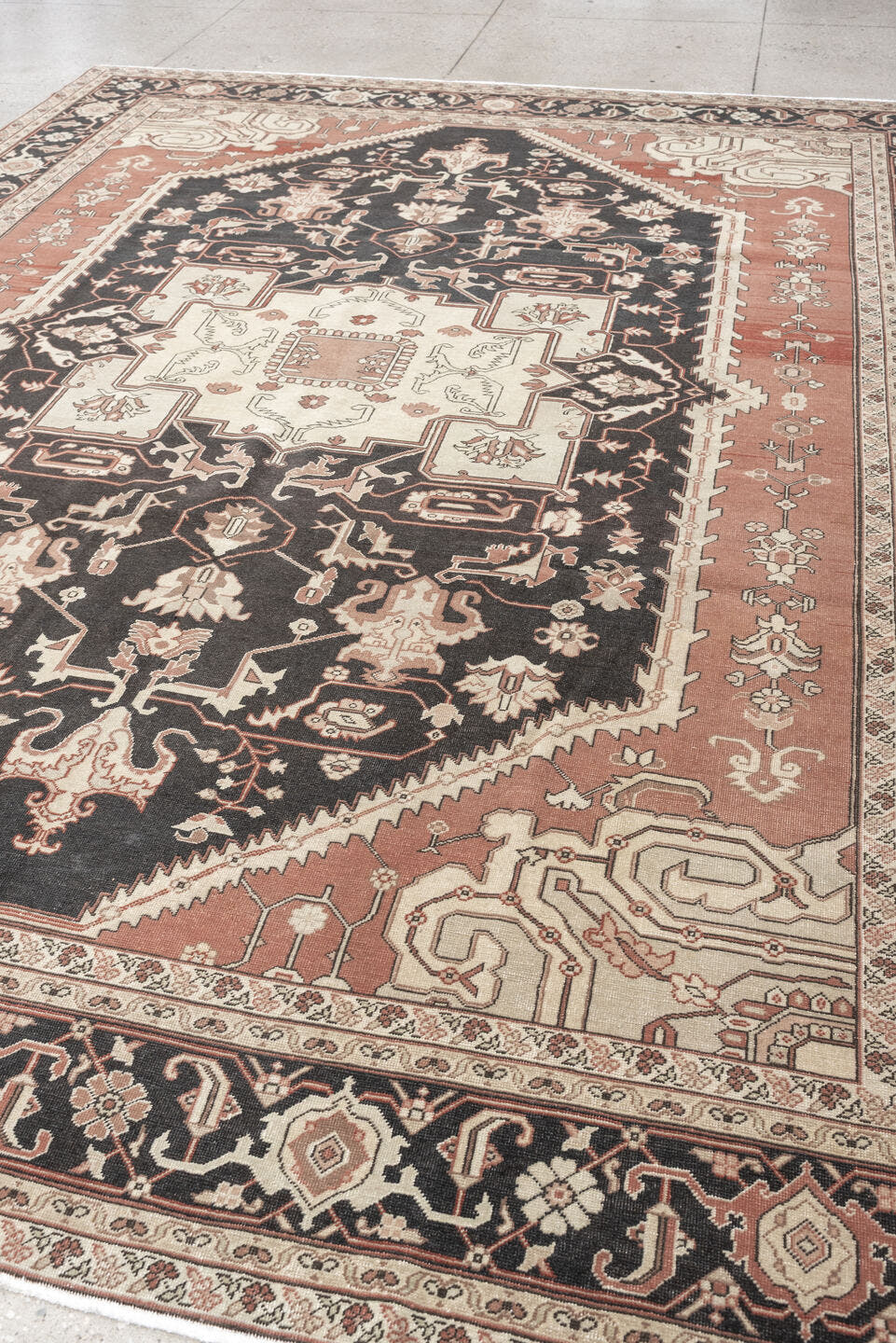 9' x 11' one-of-a-kind handmade antique Sivas large size rug. Color palette: charcoal, ivory, terracotta, blush, taupe