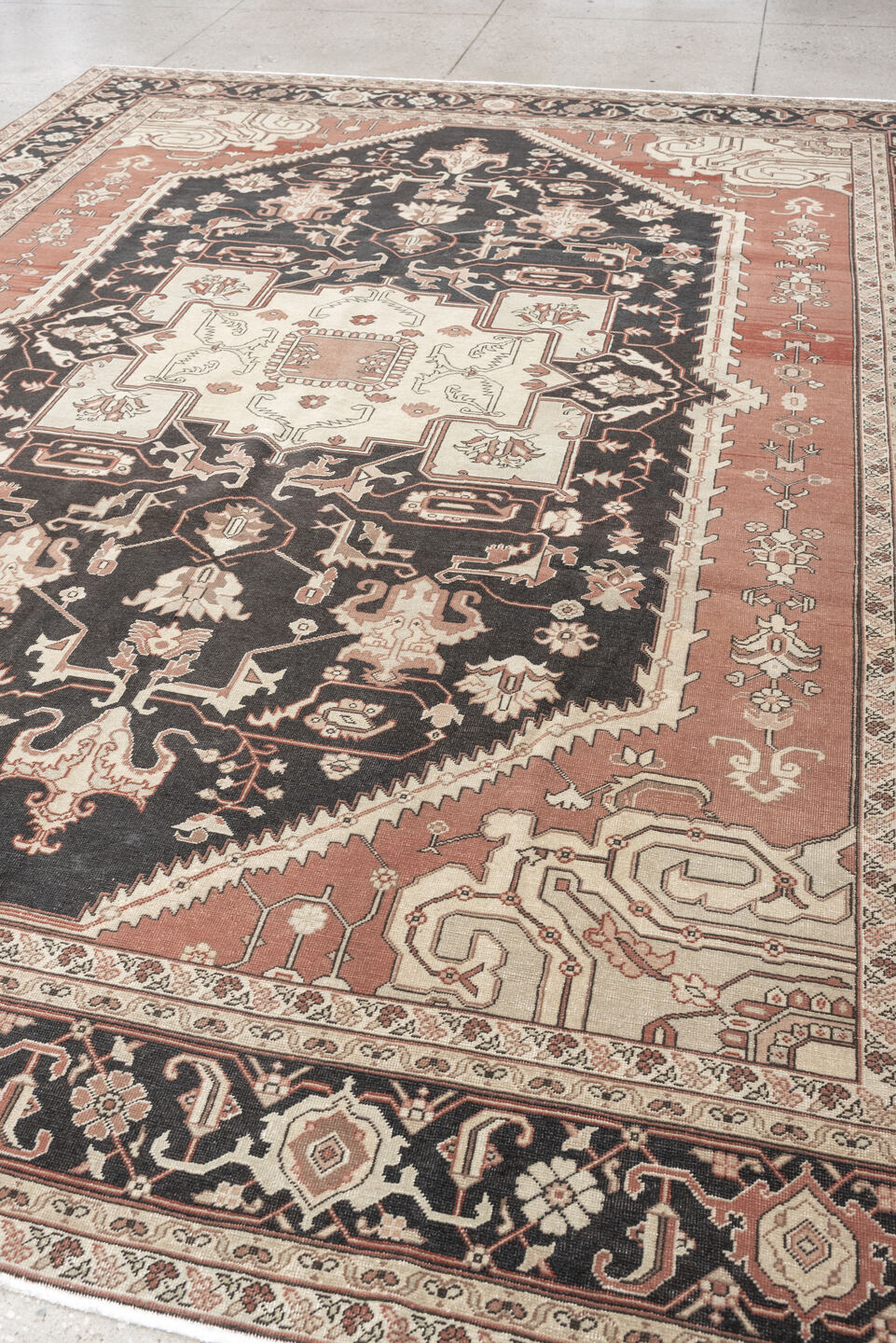 9' x 11' one-of-a-kind handmade antique Sivas large size rug. Color palette: charcoal, ivory, terracotta, blush, taupe