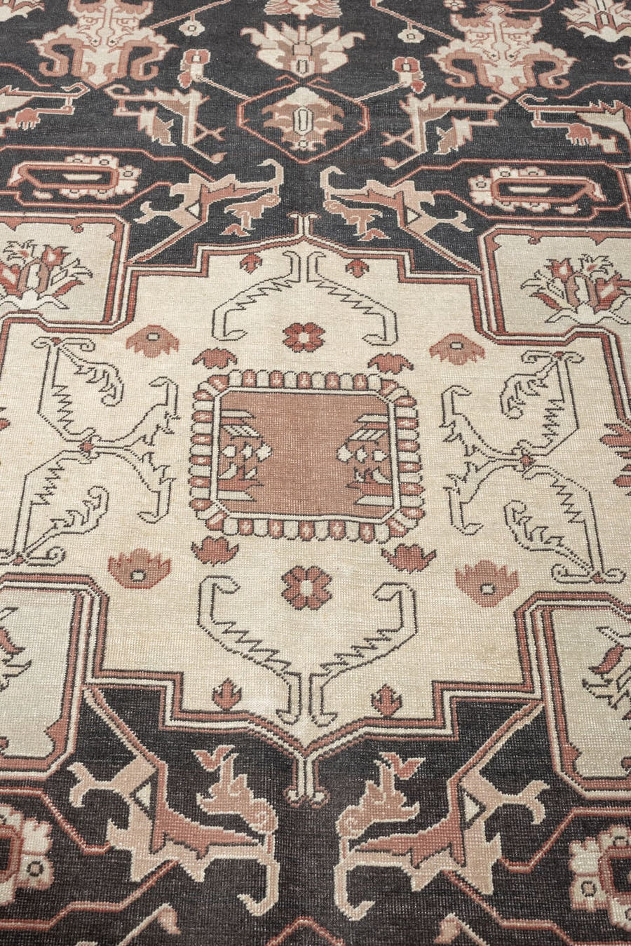 9' x 11' one-of-a-kind handmade antique Sivas large size rug. Color palette: charcoal, ivory, terracotta, blush, taupe