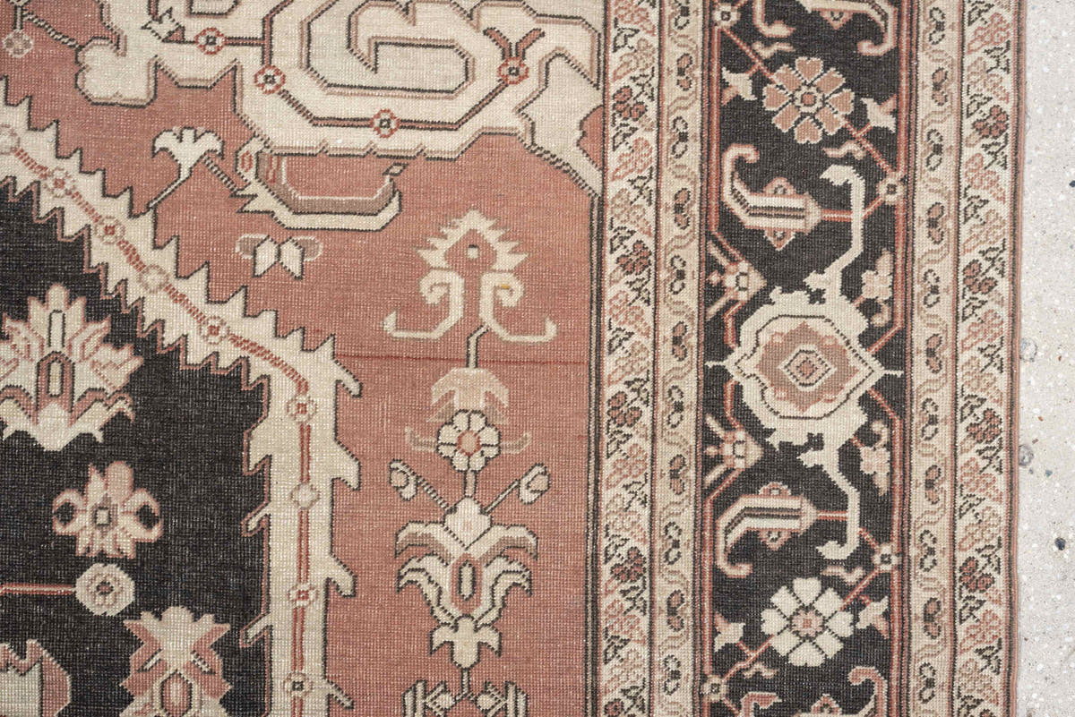9' x 11' one-of-a-kind handmade antique Sivas large size rug. Color palette: charcoal, ivory, terracotta, blush, taupe