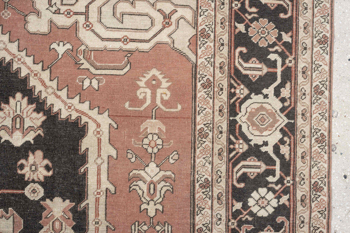 9' x 11' one-of-a-kind handmade antique Sivas large size rug. Color palette: charcoal, ivory, terracotta, blush, taupe