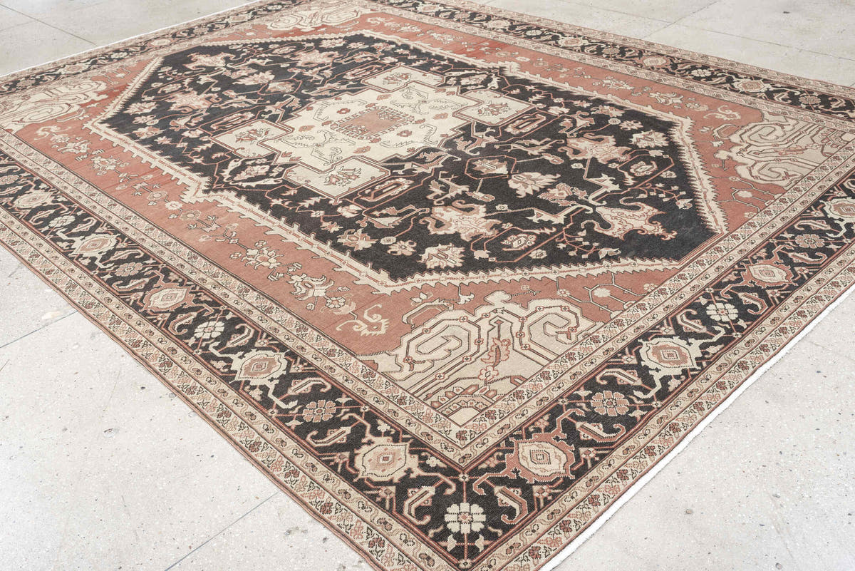 9' x 11' one-of-a-kind handmade antique Sivas large size rug. Color palette: charcoal, ivory, terracotta, blush, taupe