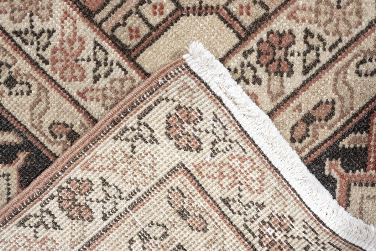 9' x 11' one-of-a-kind handmade antique Sivas large size rug. Color palette: charcoal, ivory, terracotta, blush, taupe