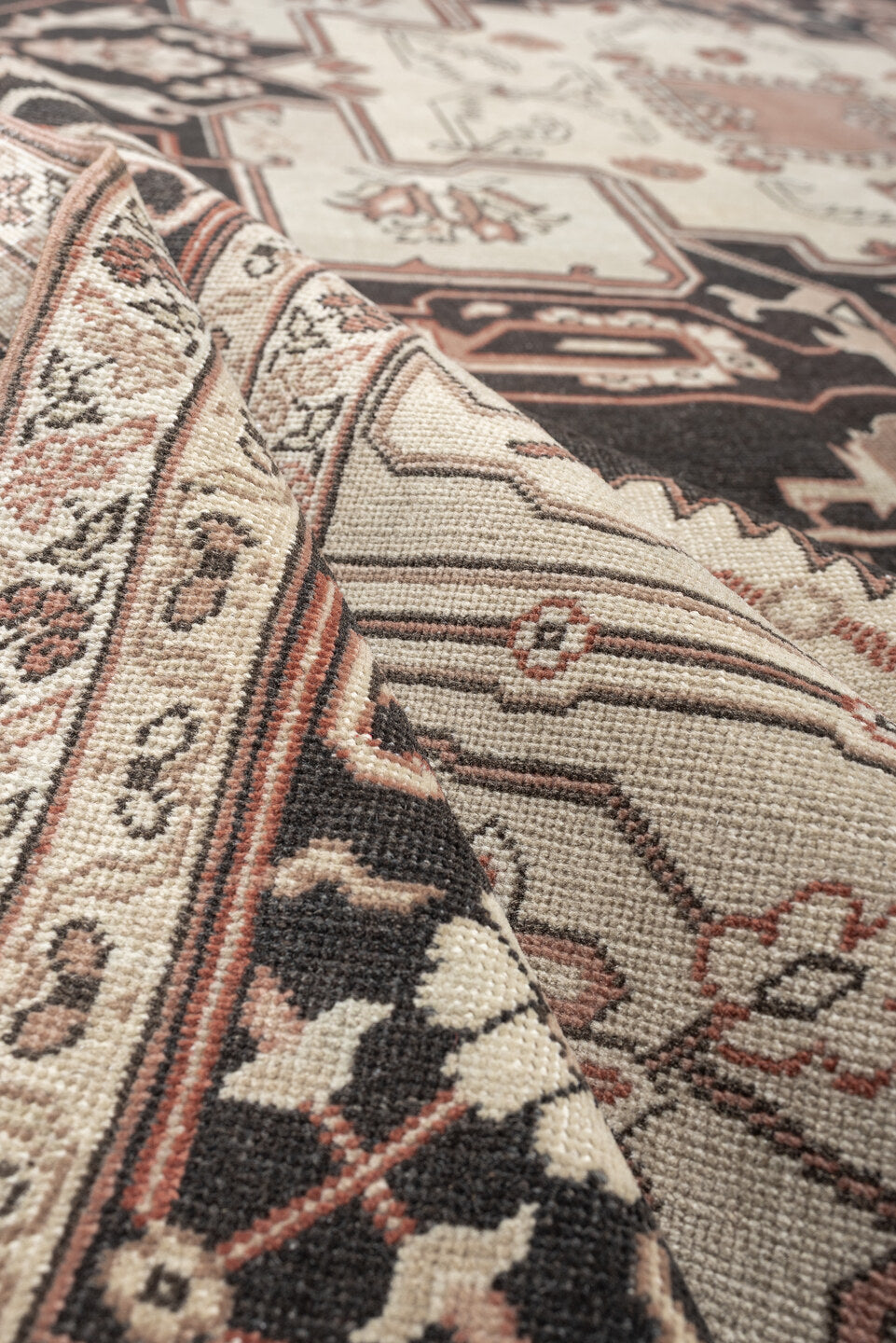 9' x 11' one-of-a-kind handmade antique Sivas large size rug. Color palette: charcoal, ivory, terracotta, blush, taupe