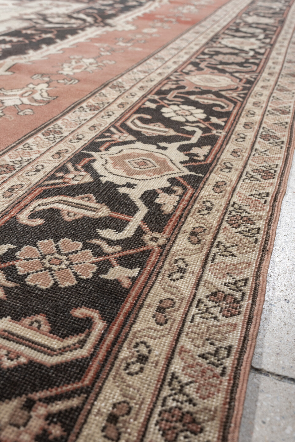 9' x 11' one-of-a-kind handmade antique Sivas large size rug. Color palette: charcoal, ivory, terracotta, blush, taupe