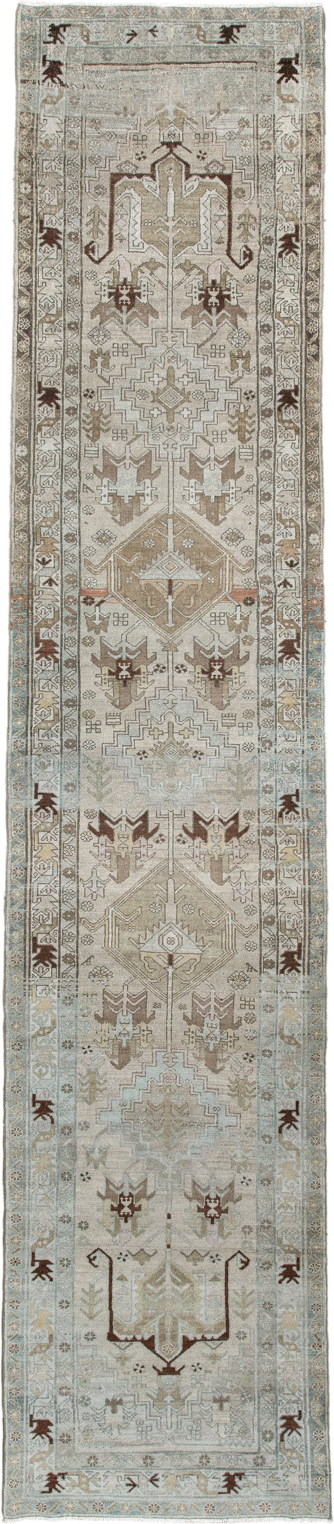 3' x 14' one-of-a-kind handmade antique Malayer runner rug. Color palette: ivory, pale blue, taupe, brown, camel, charcoal