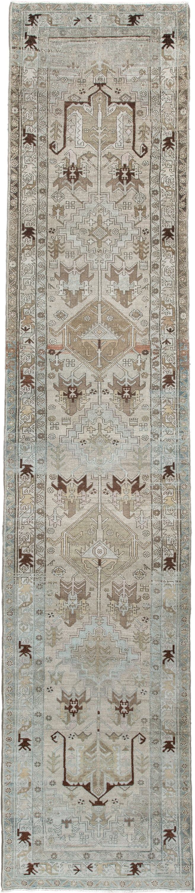3' x 14' one-of-a-kind handmade antique Malayer runner rug. Color palette: ivory, pale blue, taupe, brown, camel, charcoal