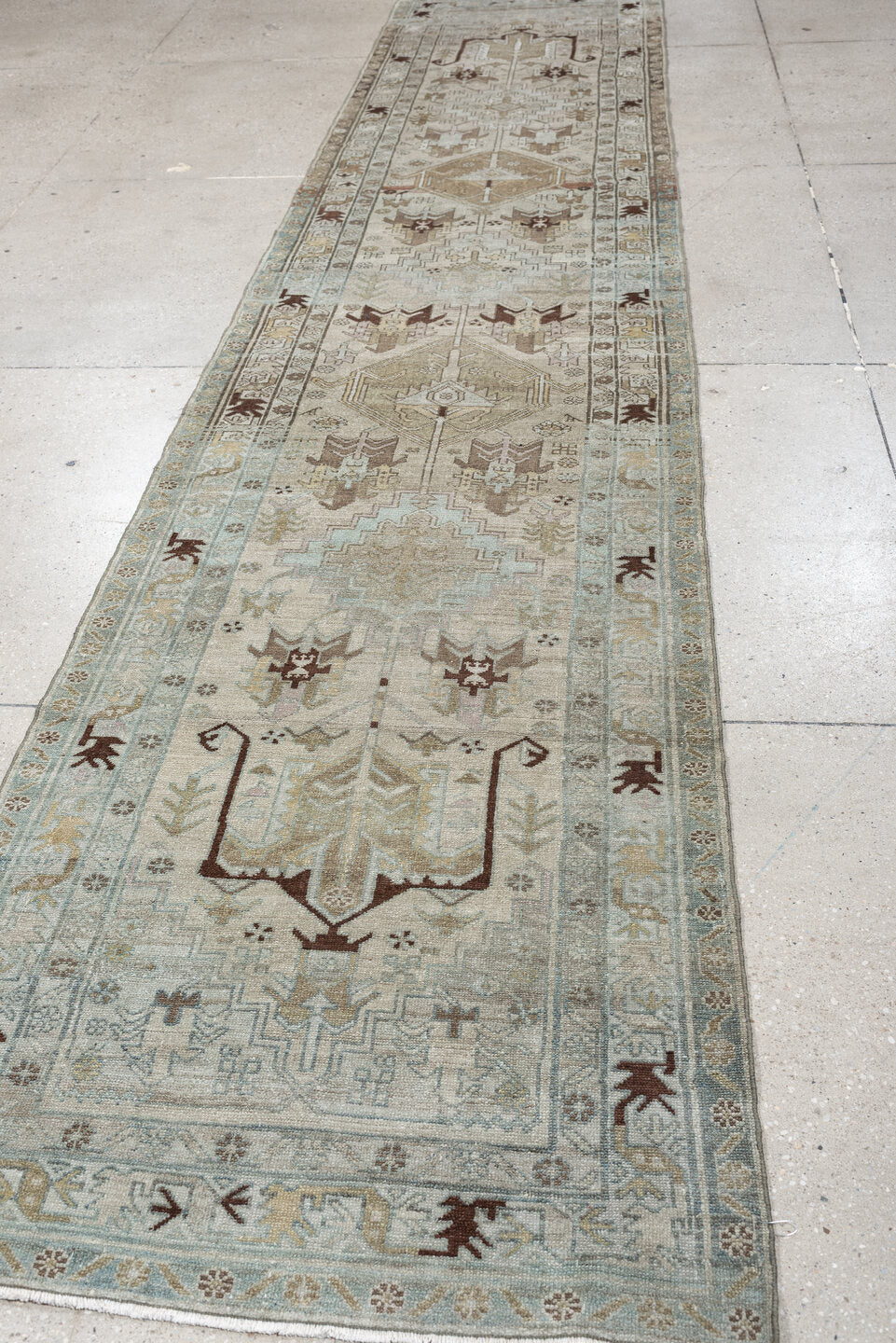 3' x 14' one-of-a-kind handmade antique Malayer runner rug. Color palette: ivory, pale blue, taupe, brown, camel, charcoal