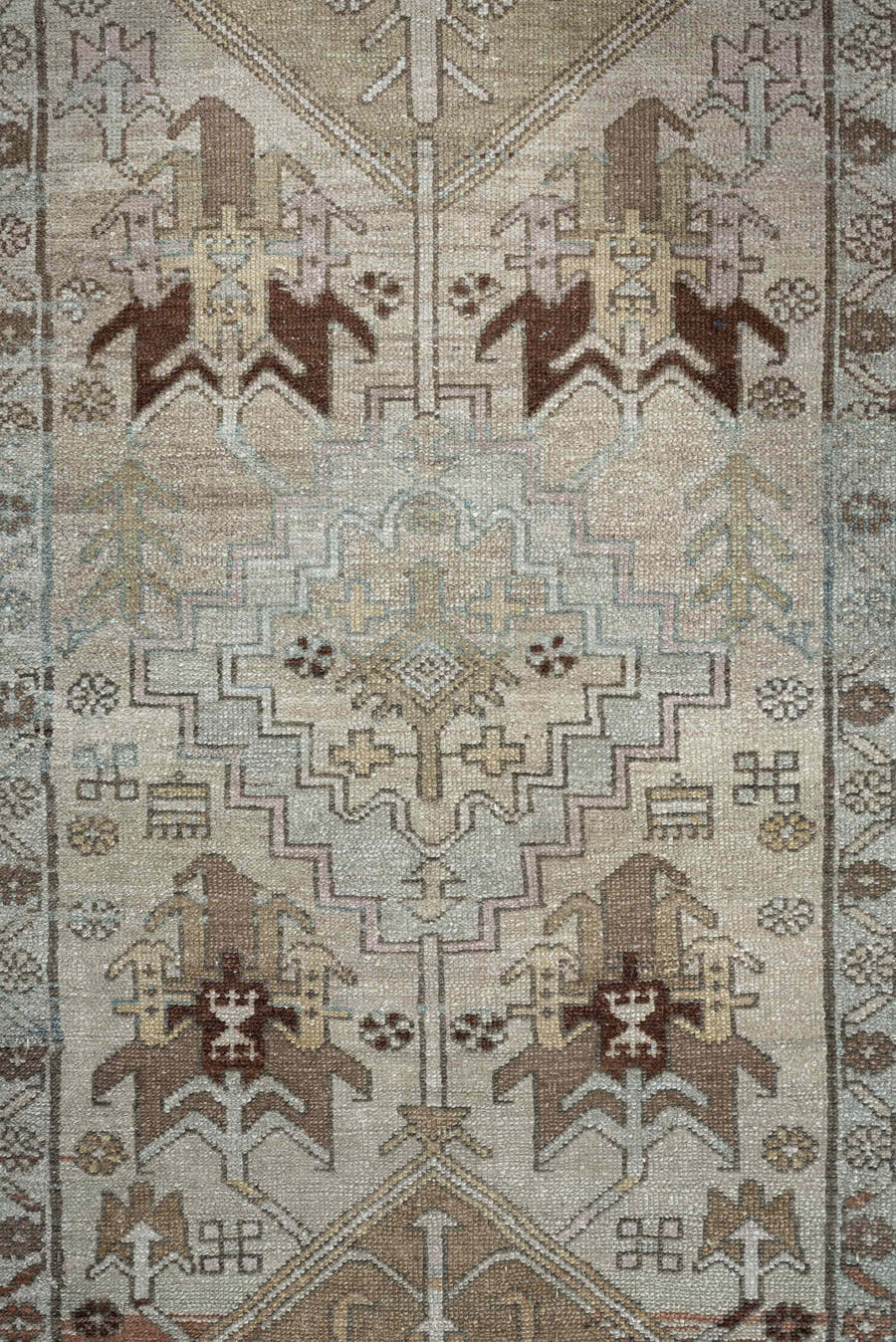 3' x 14' one-of-a-kind handmade antique Malayer runner rug. Color palette: ivory, pale blue, taupe, brown, camel, charcoal