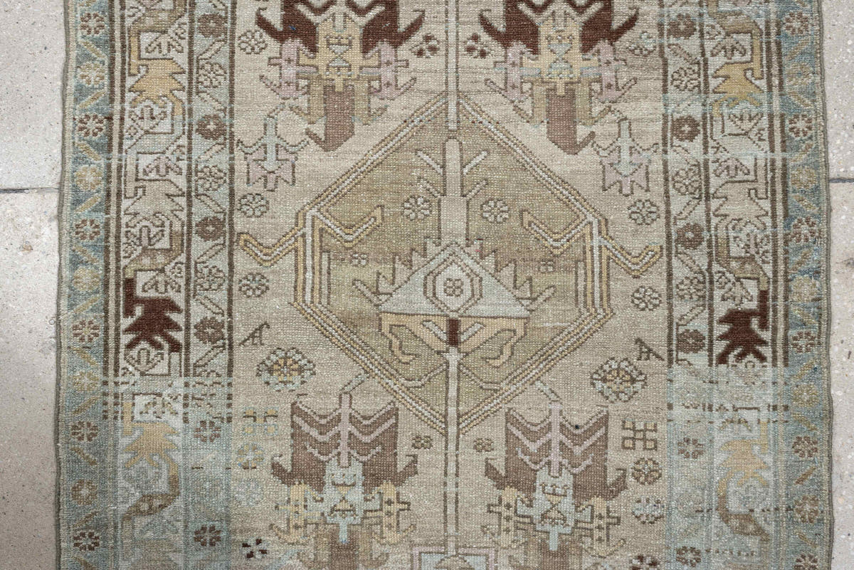 3' x 14' one-of-a-kind handmade antique Malayer runner rug. Color palette: ivory, pale blue, taupe, brown, camel, charcoal