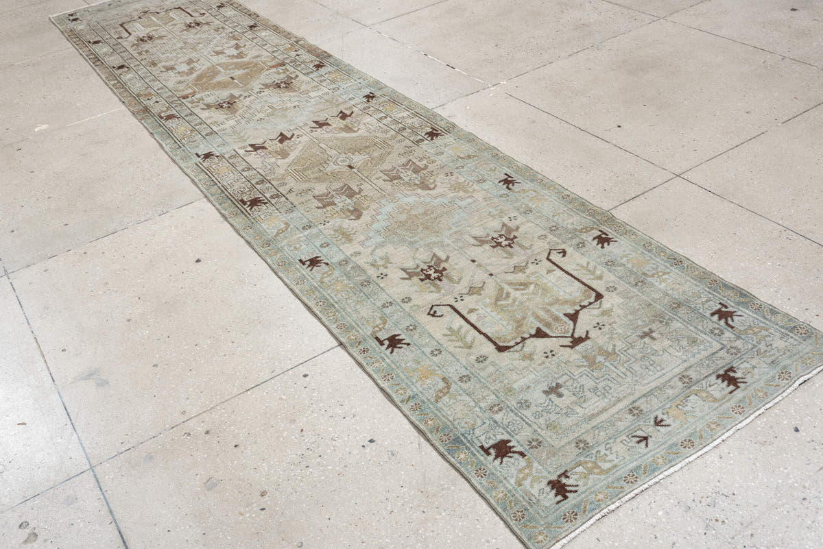 3' x 14' one-of-a-kind handmade antique Malayer runner rug. Color palette: ivory, pale blue, taupe, brown, camel, charcoal