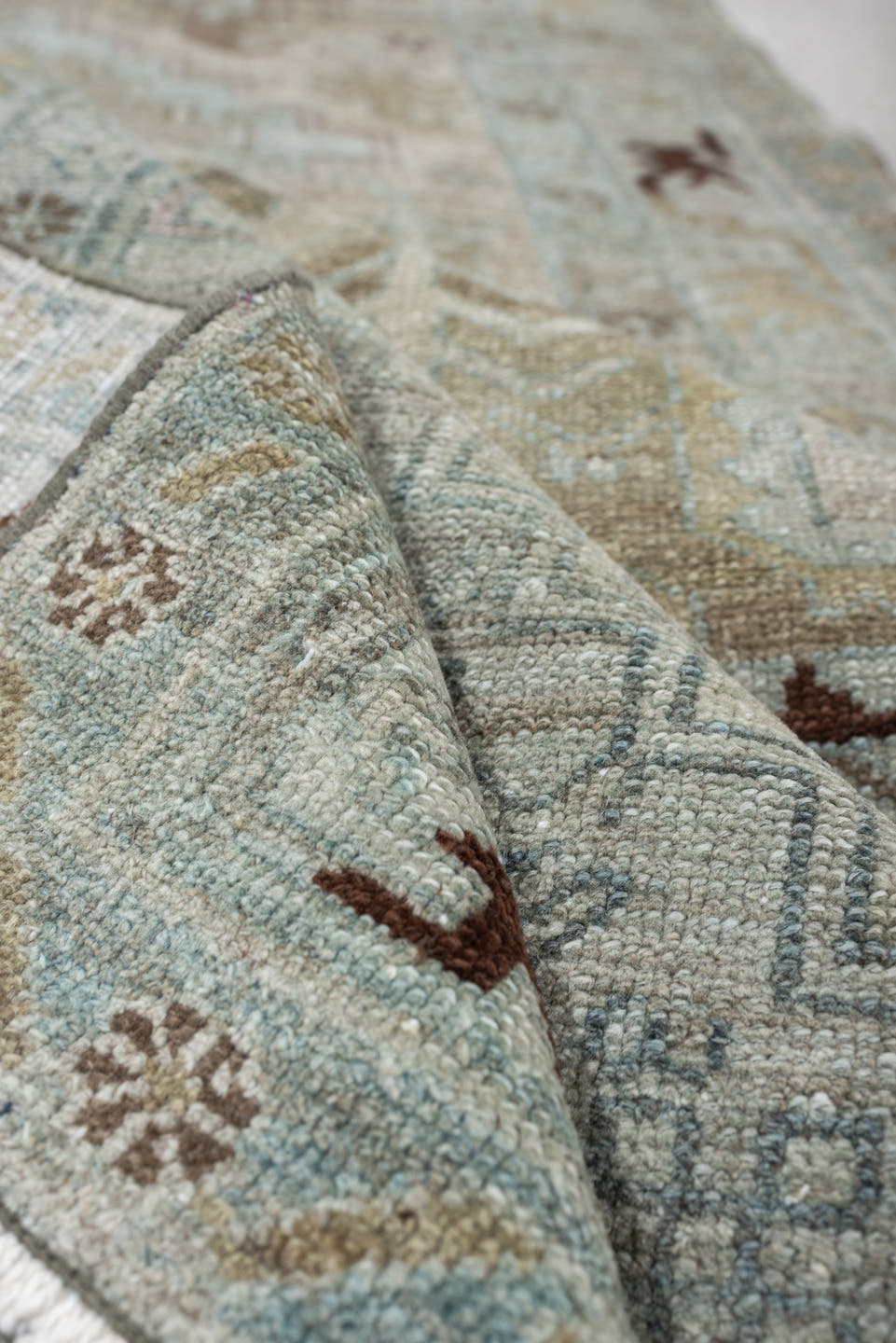 3' x 14' one-of-a-kind handmade antique Malayer runner rug. Color palette: ivory, pale blue, taupe, brown, camel, charcoal