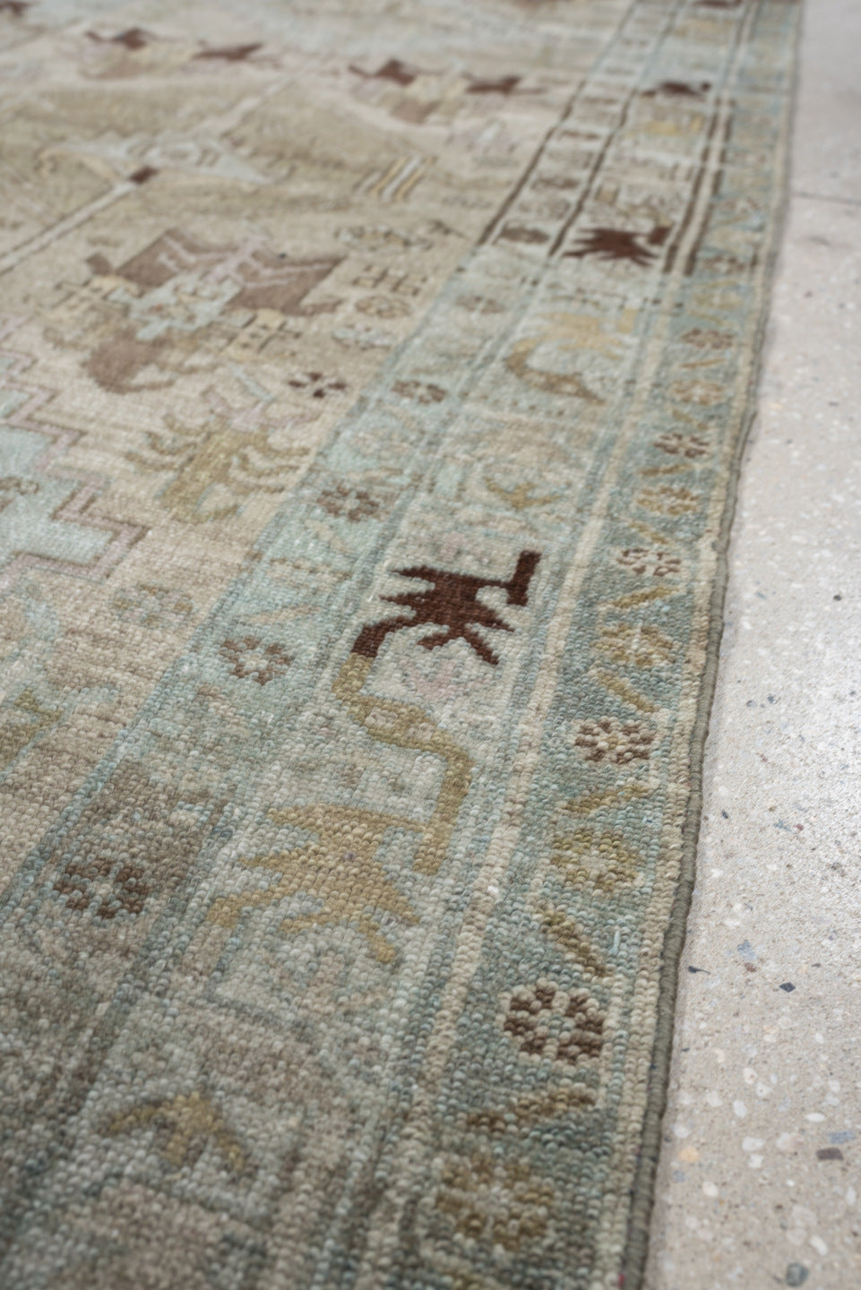 3' x 14' one-of-a-kind handmade antique Malayer runner rug. Color palette: ivory, pale blue, taupe, brown, camel, charcoal