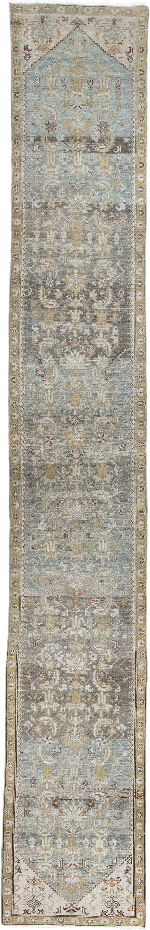 2' x 15' one-of-a-kind handmade antique Malayer runner rug. Color palette: pale blue, ivory, taupe, camel, gold, charcoal