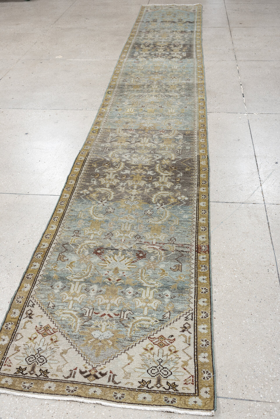 2' x 15' one-of-a-kind handmade antique Malayer runner rug. Color palette: pale blue, ivory, taupe, camel, gold, charcoal