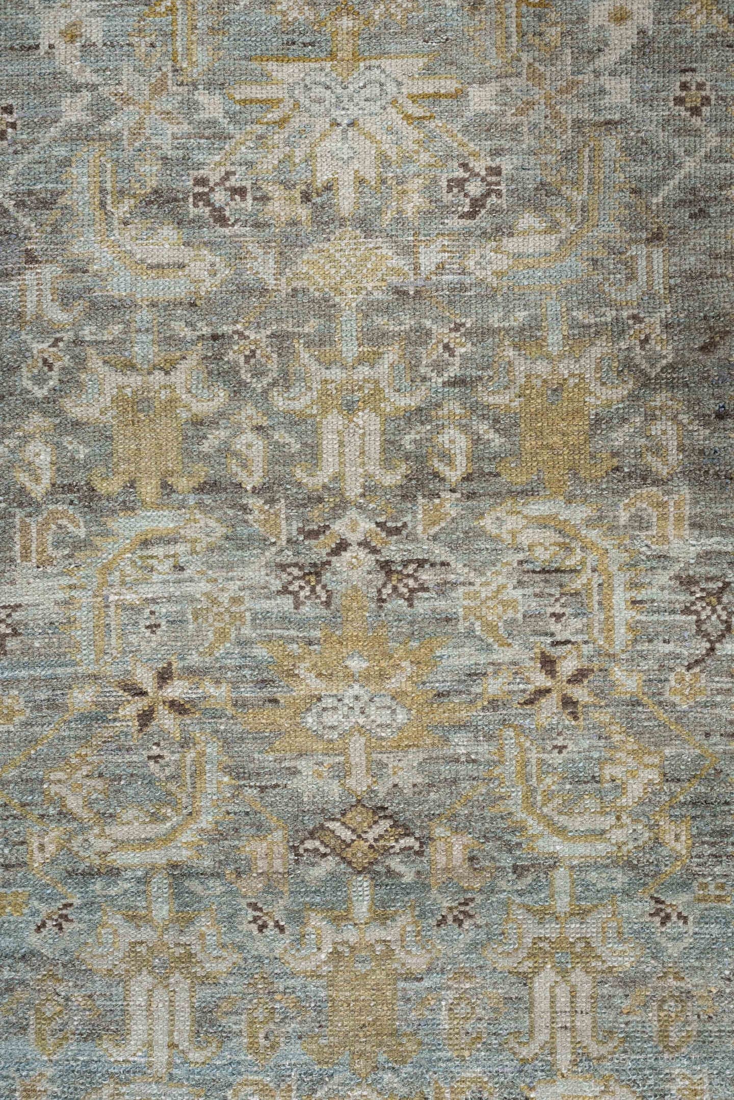 2' x 15' one-of-a-kind handmade antique Malayer runner rug. Color palette: pale blue, ivory, taupe, camel, gold, charcoal