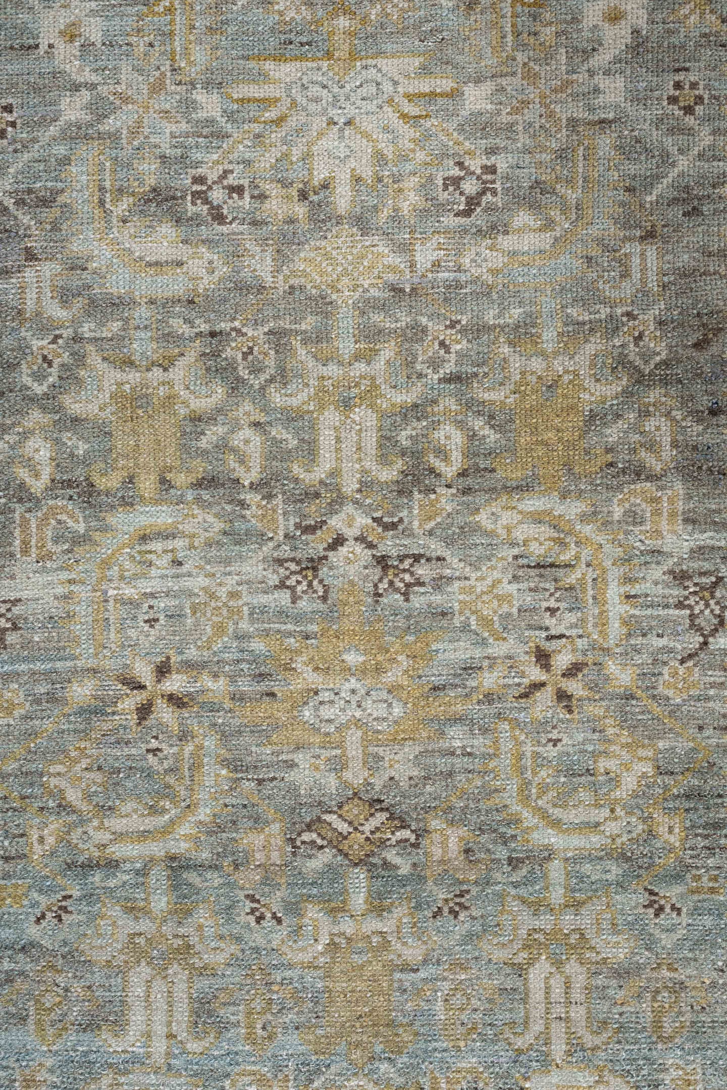 2' x 15' one-of-a-kind handmade antique Malayer runner rug. Color palette: pale blue, ivory, taupe, camel, gold, charcoal