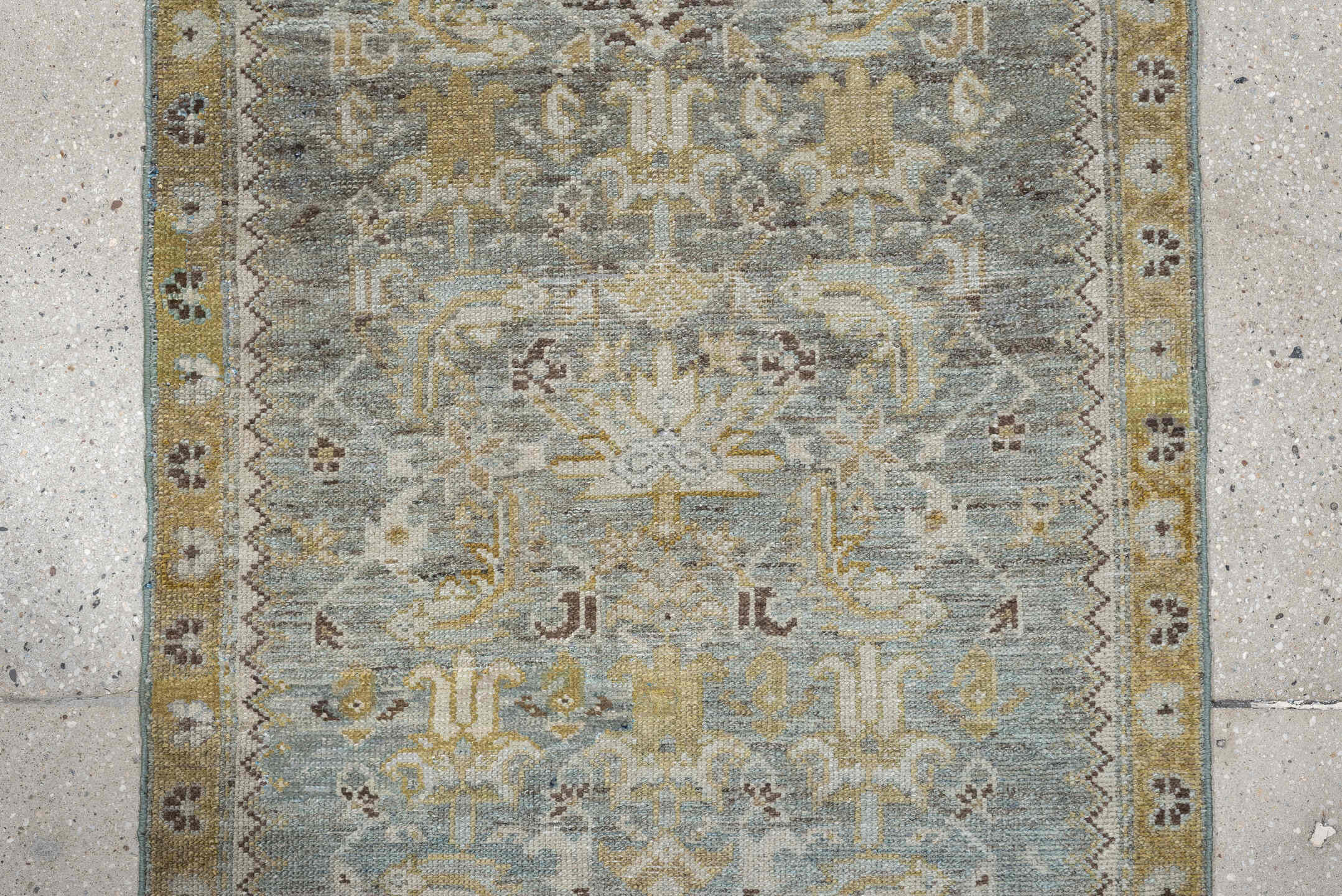 2' x 15' one-of-a-kind handmade antique Malayer runner rug. Color palette: pale blue, ivory, taupe, camel, gold, charcoal