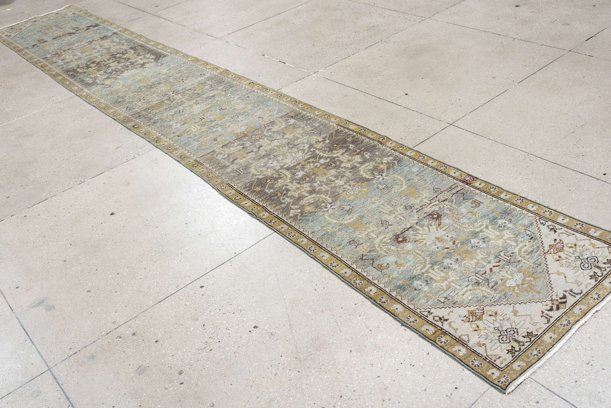 2' x 15' one-of-a-kind handmade antique Malayer runner rug. Color palette: pale blue, ivory, taupe, camel, gold, charcoal