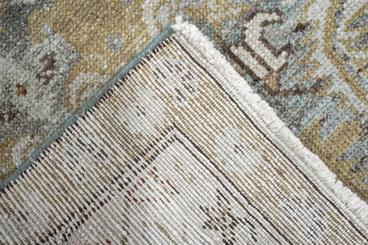 2' x 15' one-of-a-kind handmade antique Malayer runner rug. Color palette: pale blue, ivory, taupe, camel, gold, charcoal