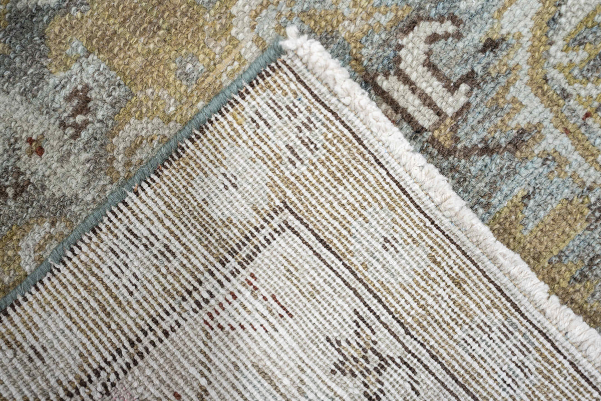 2' x 15' one-of-a-kind handmade antique Malayer runner rug. Color palette: pale blue, ivory, taupe, camel, gold, charcoal