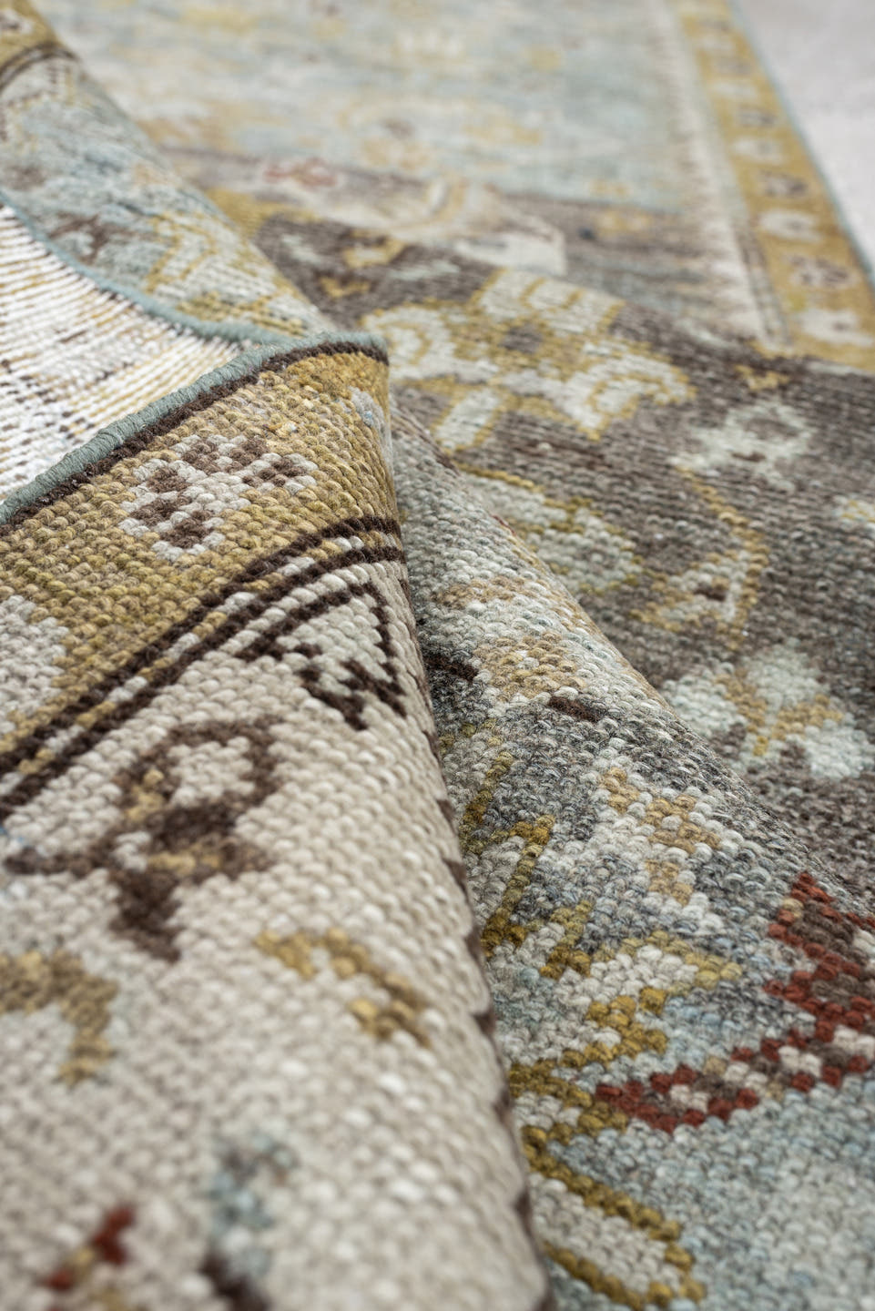 2' x 15' one-of-a-kind handmade antique Malayer runner rug. Color palette: pale blue, ivory, taupe, camel, gold, charcoal