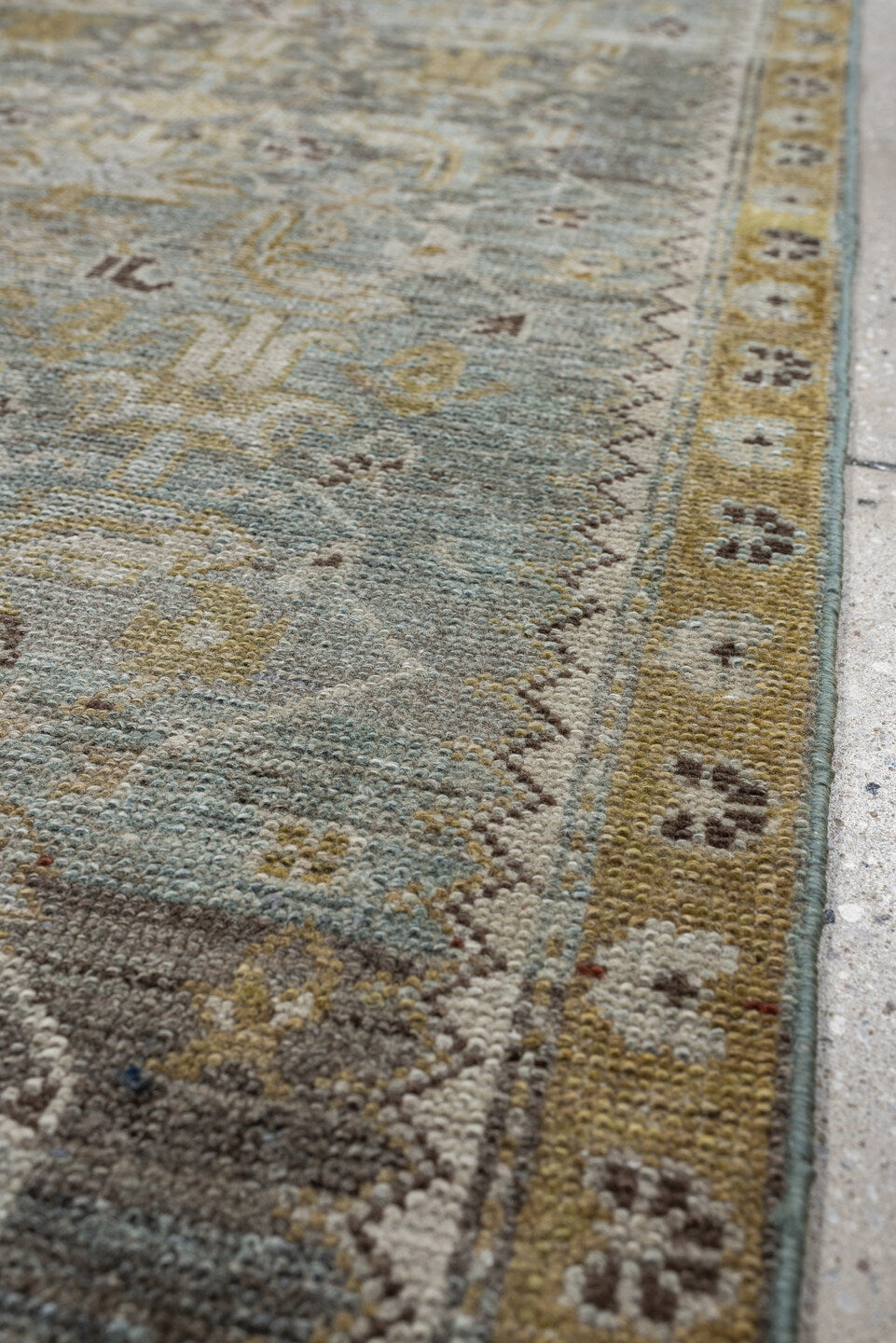2' x 15' one-of-a-kind handmade antique Malayer runner rug. Color palette: pale blue, ivory, taupe, camel, gold, charcoal