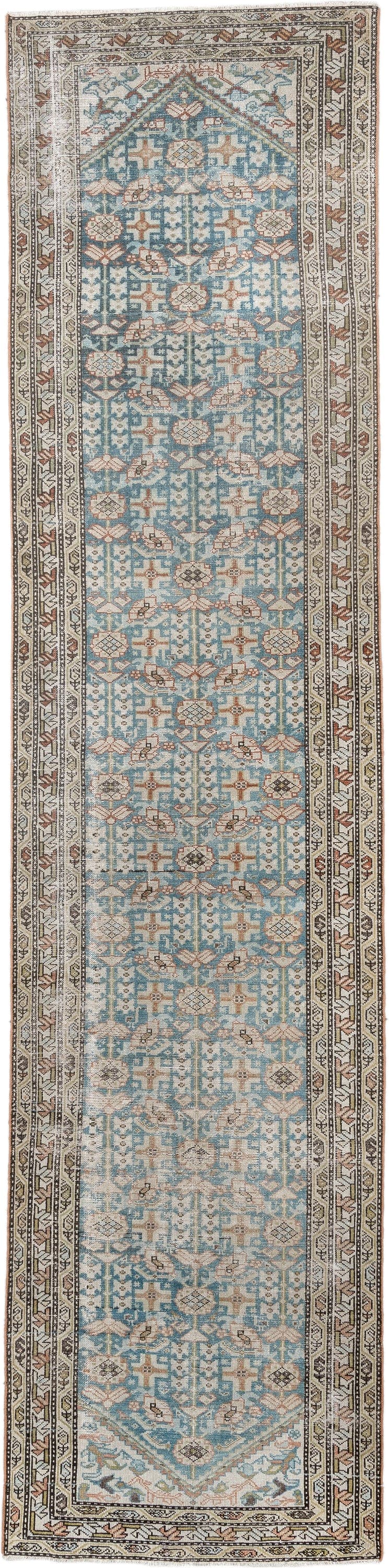 3' x 13' one-of-a-kind handmade antique Malayer runner rug. Color palette: turquoise, ivory, charcoal, rust, taupe, sage