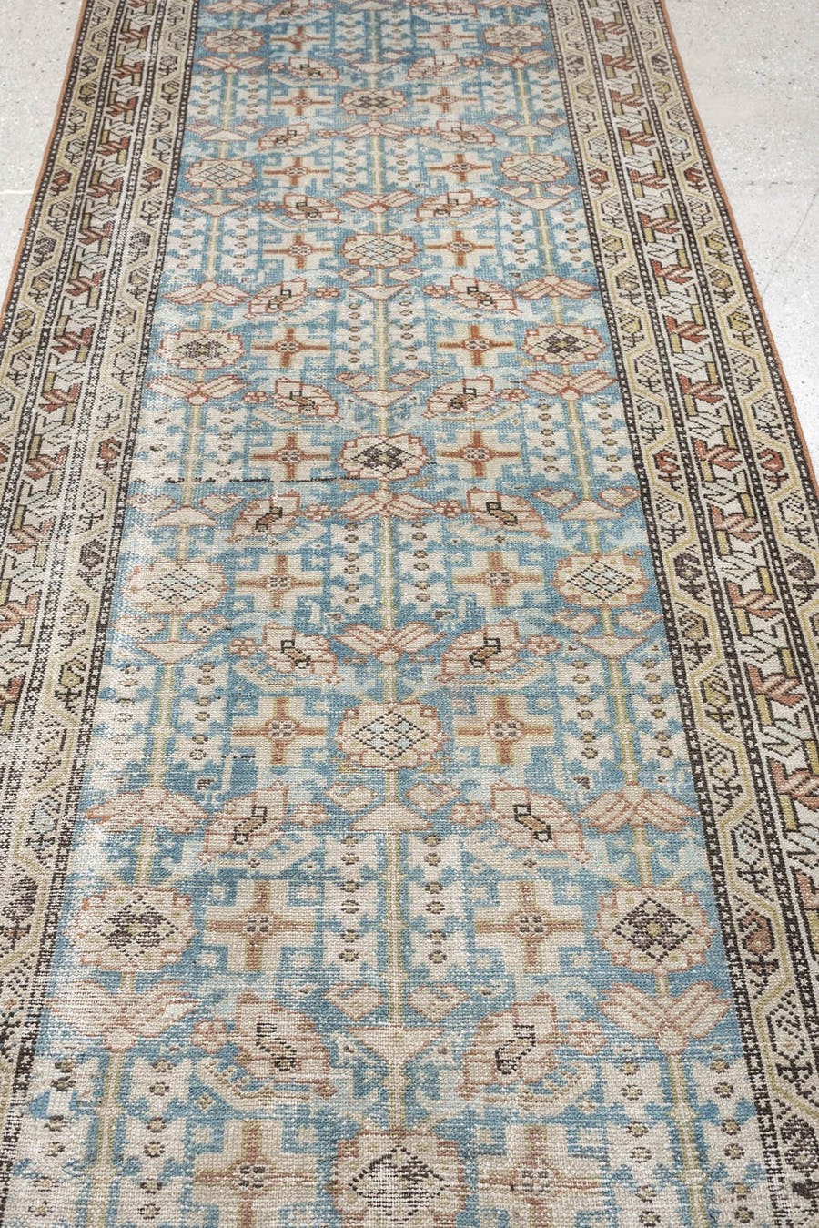 3' x 13' one-of-a-kind handmade antique Malayer runner rug. Color palette: turquoise, ivory, charcoal, rust, taupe, sage