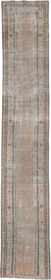 2' x 16' one-of-a-kind handmade antique Afshar runner rug. Color palette: ivory, blue gray, terracotta, tan, taupe, brown