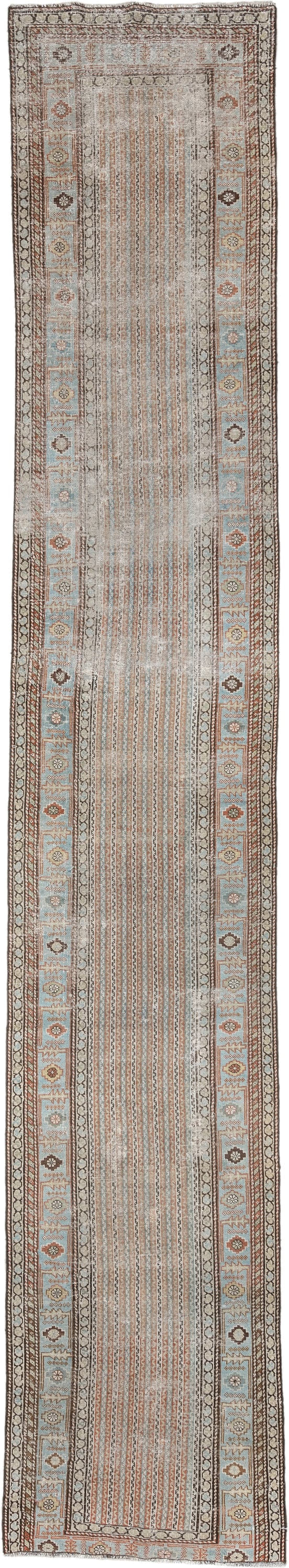 2' x 16' one-of-a-kind handmade antique Afshar runner rug. Color palette: ivory, blue gray, terracotta, tan, taupe, brown