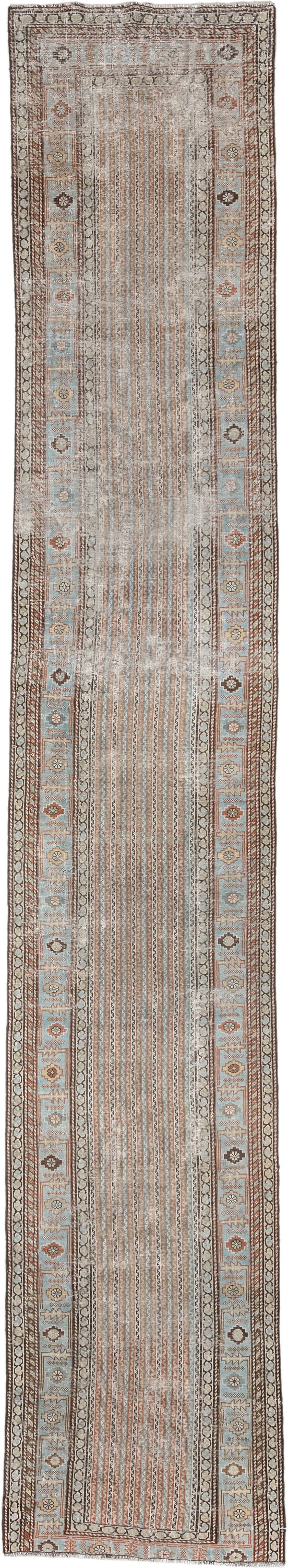 2' x 16' one-of-a-kind handmade antique Afshar runner rug. Color palette: ivory, blue gray, terracotta, tan, taupe, brown