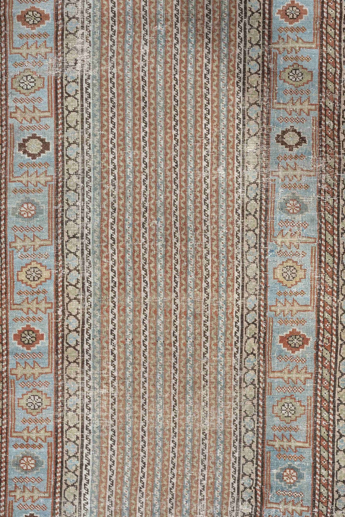 2' x 16' one-of-a-kind handmade antique Afshar runner rug. Color palette: ivory, blue gray, terracotta, tan, taupe, brown