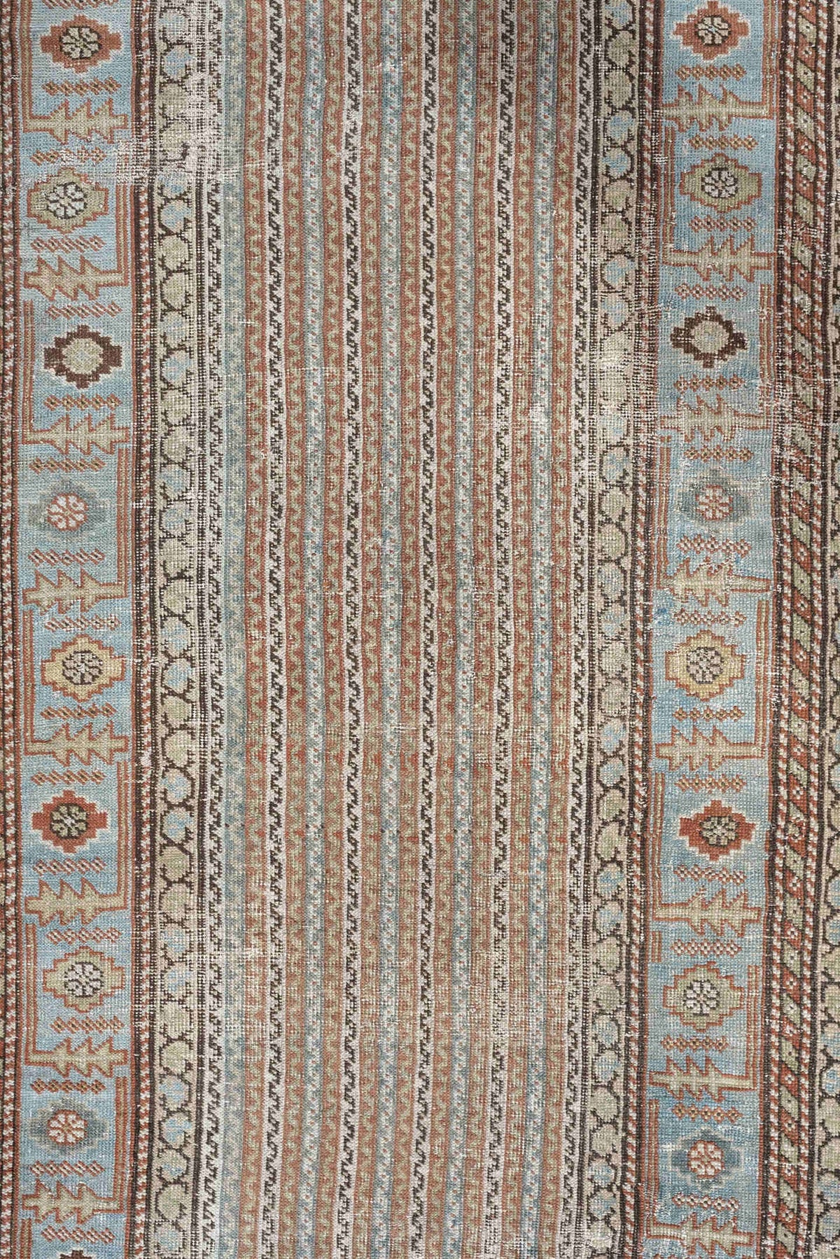 2' x 16' one-of-a-kind handmade antique Afshar runner rug. Color palette: ivory, blue gray, terracotta, tan, taupe, brown